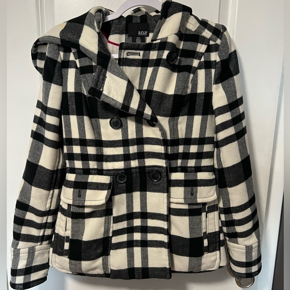 Womens S a.n.a brand pea coat- off-white and black plaid